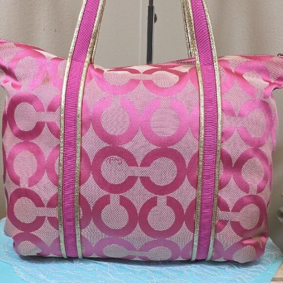 Coach RARE Poppy Pink/Gold Tote Bag - Picture 7 of 16